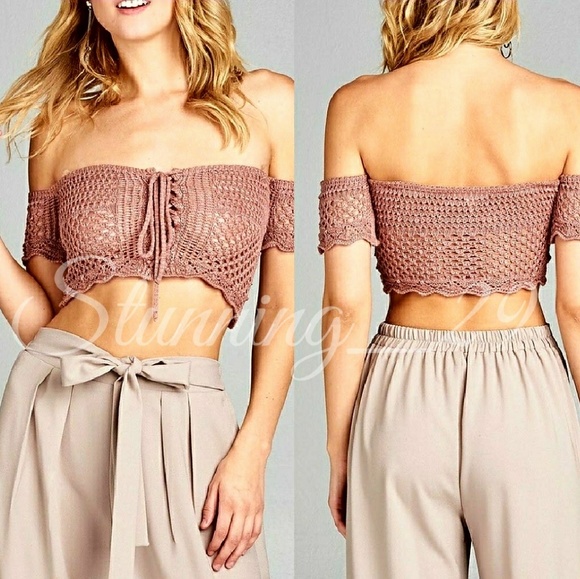 🆕BOHO SS DUSTY MAUVE OFF  SHOULDER KNIT CROP TOP - Picture 3 of 3